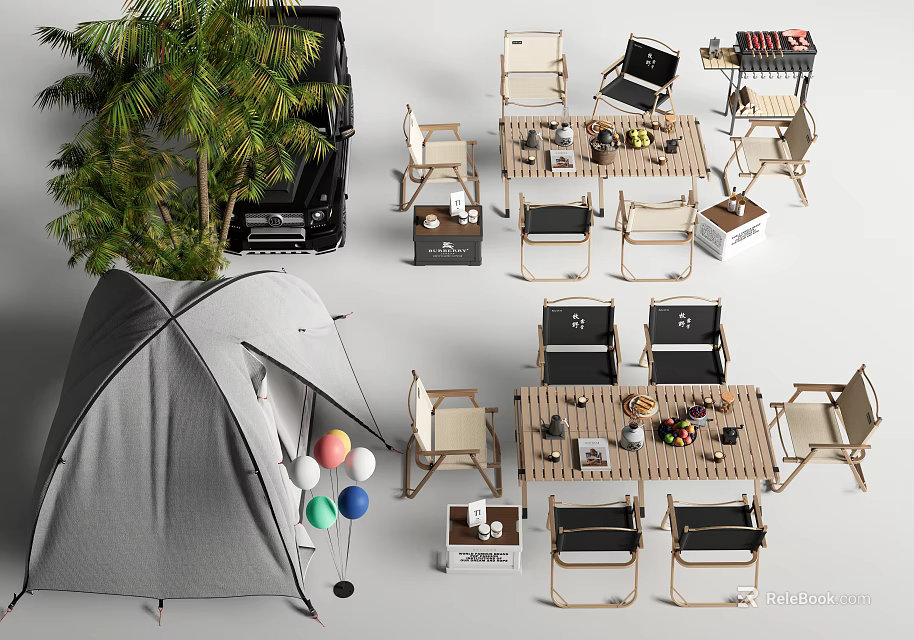 Outdoor Camping Table Setup With Foldable Chairs Tent And Palm Tree 3d model