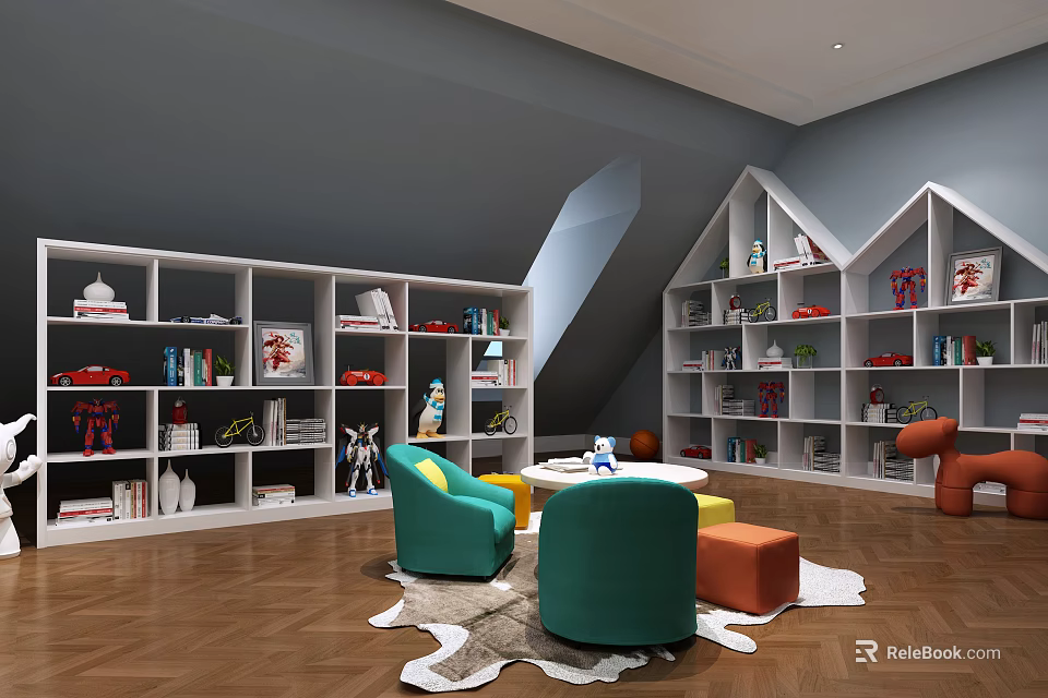 Basement Interior Design with Built in Bookshelves Cozy Chairs Fur Rug and Herringbone Floor 3d model 