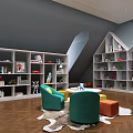 Basement Interior Design with Built in Bookshelves Cozy Chairs Fur Rug and Herringbone Floor