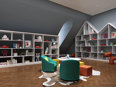 Basement Interior Design with Built in Bookshelves Cozy Chairs Fur Rug and Herringbone Floor 3d model
