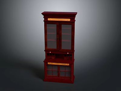 Dark Red Wooden Two Tiered Cabinet With Glass Doors And Gold Accents 3d model