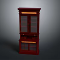 Dark Red Wooden Two Tiered Cabinet With Glass Doors And Gold Accents