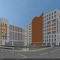 Modern Multi Storey Industrial Factory Building With Glass Windows Surrounding Roads Vehicles Pedestrians And Trees
