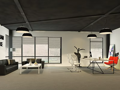 Modern Office Workspace With Black Leather Sofa White Desk And Pendant Lights 3d model