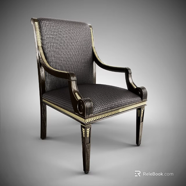 Vintage Wooden Armchair With Dark Woven Fabric Upholstery Gold Trim And Carved Legs 3d model 