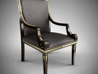 Vintage Wooden Armchair With Dark Woven Fabric Upholstery Gold Trim And Carved Legs 3d model