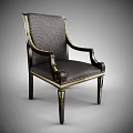 Vintage Wooden Armchair With Dark Woven Fabric Upholstery Gold Trim And Carved Legs