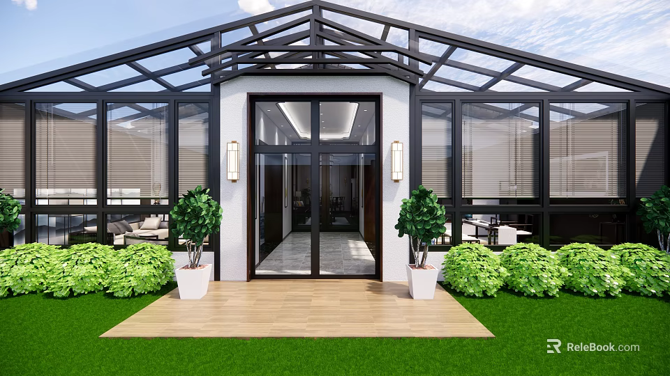Modern Glass Building With Black Frame Roof Green Plants Wooden Deck Lawn Entrance 3d model 