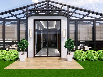 Modern Glass Building With Black Frame Roof Green Plants Wooden Deck Lawn Entrance 3d model