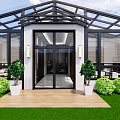 Modern Glass Building With Black Frame Roof Green Plants Wooden Deck Lawn Entrance