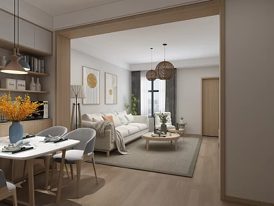 Modern Living Dining Room Interior With Sofa Coffee Table Wall Art Plants And Pendant Lights 3d model