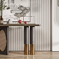 Stylish Console Table With Decorative Vase Red Apples Metal Frames And Striped Wall 3d model