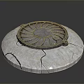Vintage Circular Manhole Cover With Radial Pattern On Cracked Concrete Base