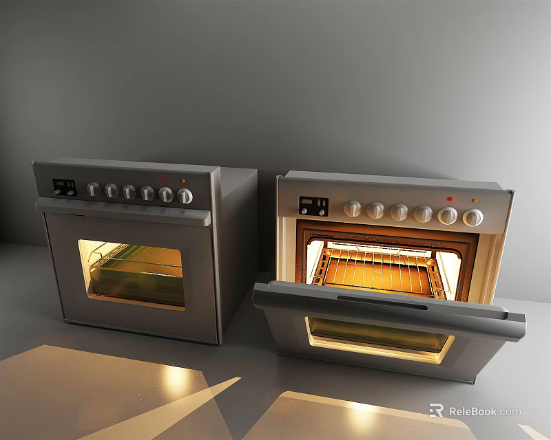 Silver Kitchen Ovens With Control Knobs Open Door And Interior Light 3d model 