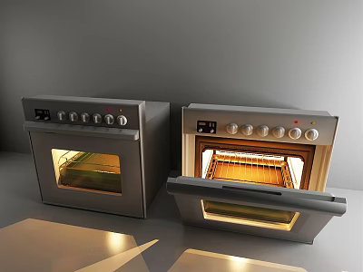 Silver Kitchen Ovens With Control Knobs Open Door And Interior Light 3d model
