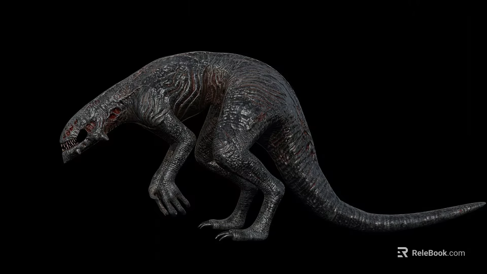 Predatory Dinosaur Model In Crouching Stance With Rough Skin And Sharp Teeth Against Black Background 3d model 