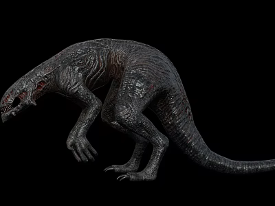 Predatory Dinosaur Model In Crouching Stance With Rough Skin And Sharp Teeth Against Black Background 3d model