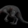 Predatory Dinosaur Model In Crouching Stance With Rough Skin And Sharp Teeth Against Black Background