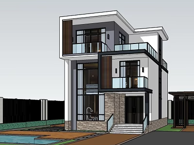 Modern Two Story Detached Villa With Glass Windows Balcony And Swimming Pool Courtyard 3d model
