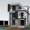 Modern Two Story Detached Villa With Glass Windows Balcony And Swimming Pool Courtyard