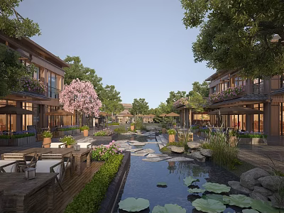 Traditional Style Commercial Street With Pond Lotus Plants Green Trees And Outdoor Seating Areas 3d model