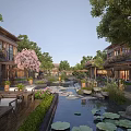Traditional Style Commercial Street With Pond Lotus Plants Green Trees And Outdoor Seating Areas