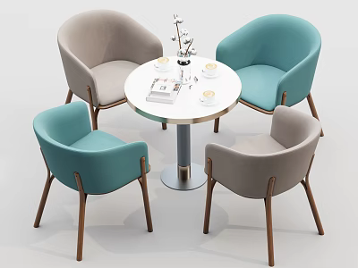 Round White Dining Table Set with Light Blue Gray Chairs Wooden Legs and Vase Tableware 3d model