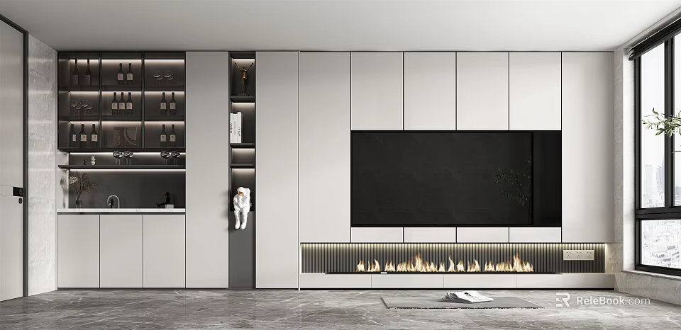 Modern Built-in Wine Cabinet With Glass Shelves And Integrated TV Wall Fireplace 3d model 