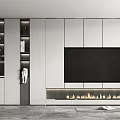 Modern Built-in Wine Cabinet With Glass Shelves And Integrated TV Wall Fireplace