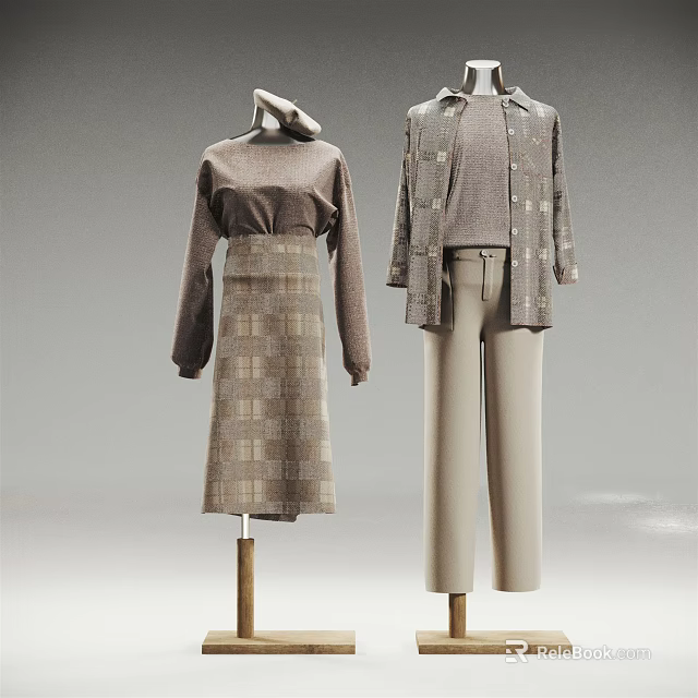 Models In Plaid Long Sleeve Top Skirt Coat And Beige Pants Outfit 3d model 