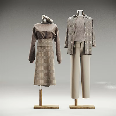 Models In Plaid Long Sleeve Top Skirt Coat And Beige Pants Outfit 3d model