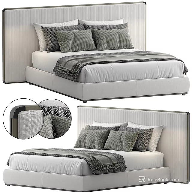 Modern Double Bed With Textured Headboard Soft Pillows And Cozy Blanket 3d model 