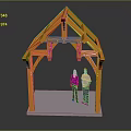 Orange Wooden Frame Structure Model Display With Two Standing Figures On Platform 3d model