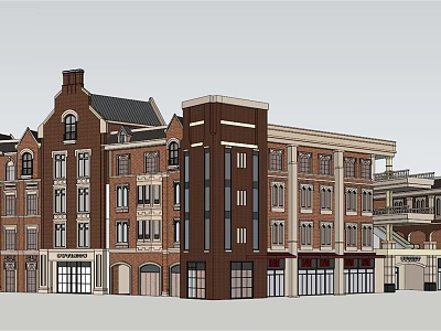Traditional And Modern Commercial Street Building Design With Red Brick And Glass Storefronts 3d model