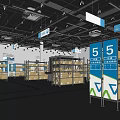 Warehouse Storage Space With Metal Shelves Blue Signs Number 5 And Cardboard Boxes