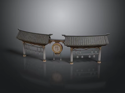 Traditional Chinese Architecture With Symmetric Curved Roofs Pillars And Circular Ornamental Plaque 3d model