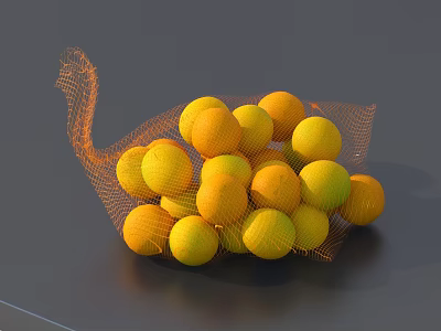 Pile of Fresh Yellow Lemons in Orange Mesh Bag on Gray Table 3d model