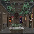 Warm Traditional Chinese Style Restaurant Interior Design With Wooden Structure And Natural Green Plants