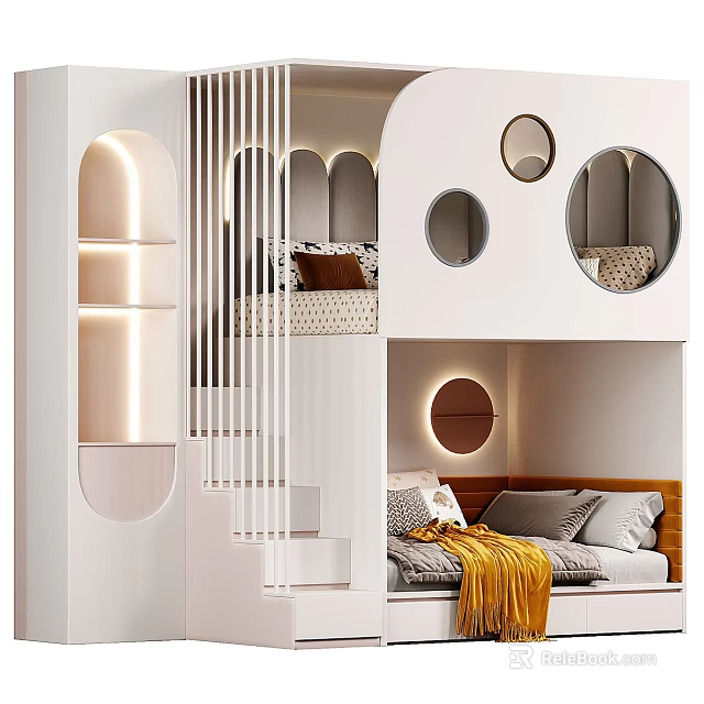 Modern White Kids Bunk Bed With Circular Windows Stairs Lighting And Upholstered Headboard 3d model 