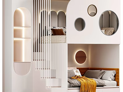 Modern White Kids Bunk Bed With Circular Windows Stairs Lighting And Upholstered Headboard 3d model