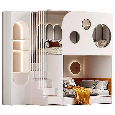 Modern White Kids Bunk Bed With Circular Windows Stairs Lighting And Upholstered Headboard 3d model