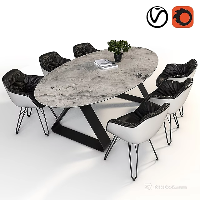 Modern Oval Marble Top Dining Table With Black White Chairs And Potted Plant 3d model 