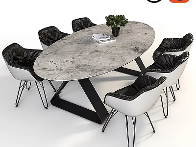 Modern Oval Marble Top Dining Table With Black White Chairs And Potted Plant 3d model