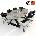 Modern Oval Marble Top Dining Table With Black White Chairs And Potted Plant