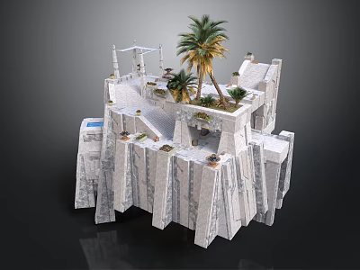 Modern White Stone Cliff Structure With Palm Trees And Terraced Platforms 3d model