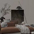 Modern Brown Chaise Lounge with Pillows Throw Blanket Floor Lamp and Side Table