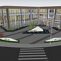 Modern Garden Landscape with Glass Curtain Wall Building and Front Tree Greenery