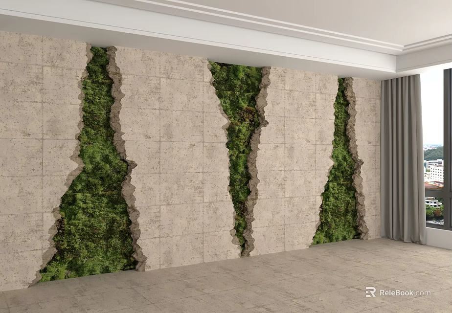 Beige Feature Wall With Vertical Cracked Effect And Green Moss Plant Decorations 3d model 