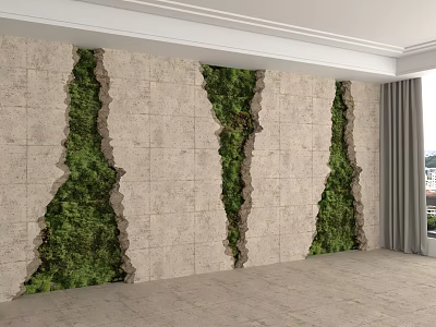 Beige Feature Wall With Vertical Cracked Effect And Green Moss Plant Decorations 3d model