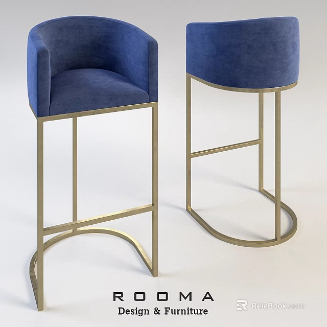 Modern Blue Bar Stools With Golden Metal Frame And Upholstered Seat Backrest 3d model 